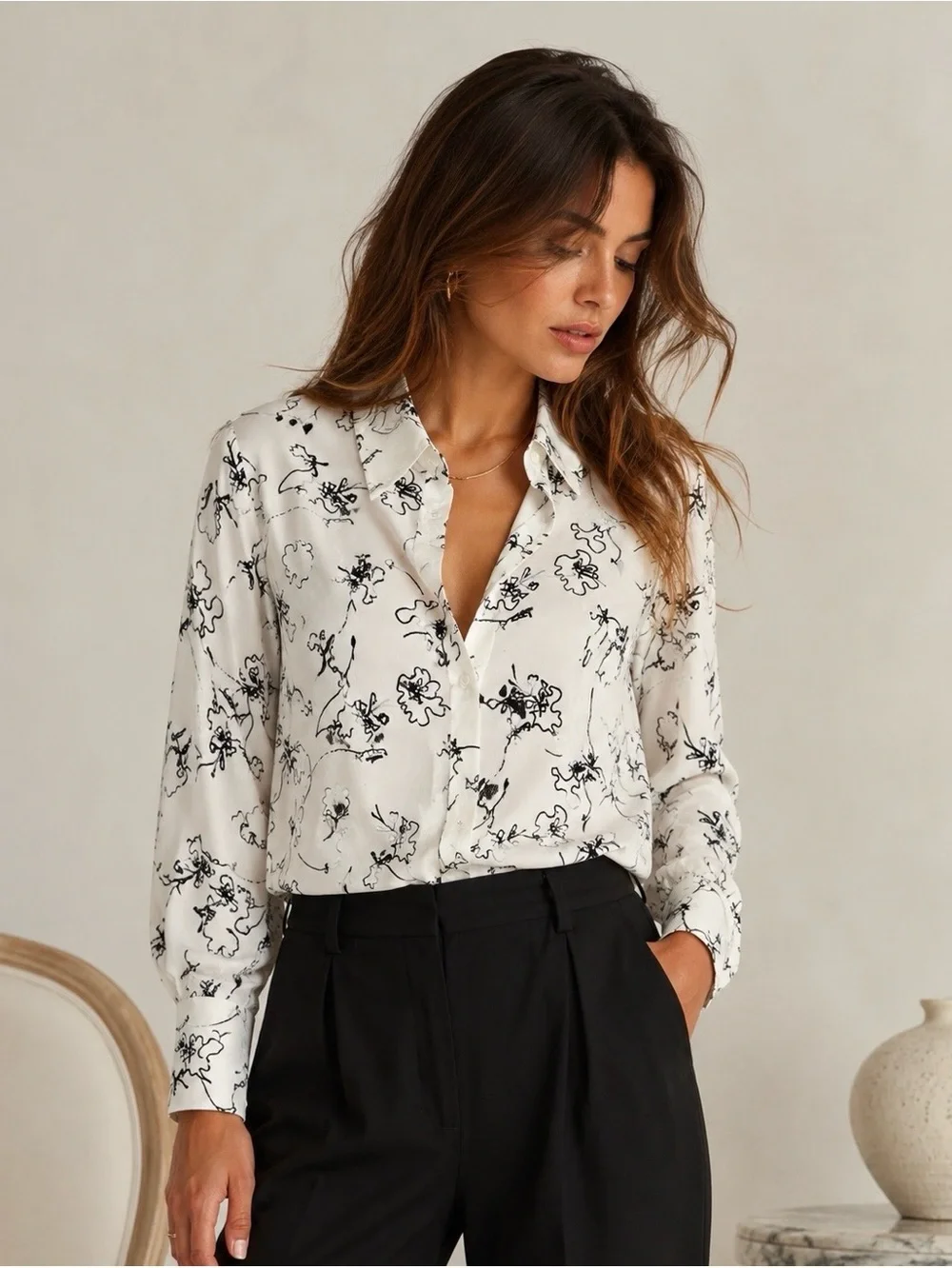 Kal Rieman Silk Button Down Blouse Size 6 Cream Black Abstract Floral Print